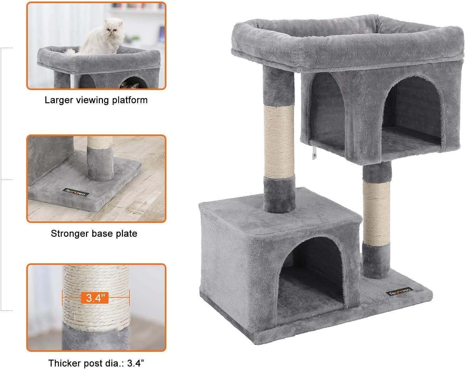 Cat Tree, 33.1-Inch Cat Tower, L, Cat Condo for Large Cats up to 16 Lb, Large Cat Perch, 2 Cat Caves, Scratching Post, Light Gray UPCT61W