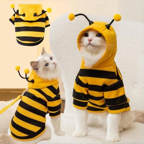 Cat Bee Antennae Costume Hoodies Cute Bee Stripes Dog Kitten Puppy Pet Apparel (X-Small,Yellow&Black)