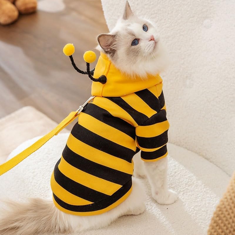 Cat Bee Antennae Costume Hoodies Cute Bee Stripes Dog Kitten Puppy Pet Apparel (X-Small,Yellow&Black)