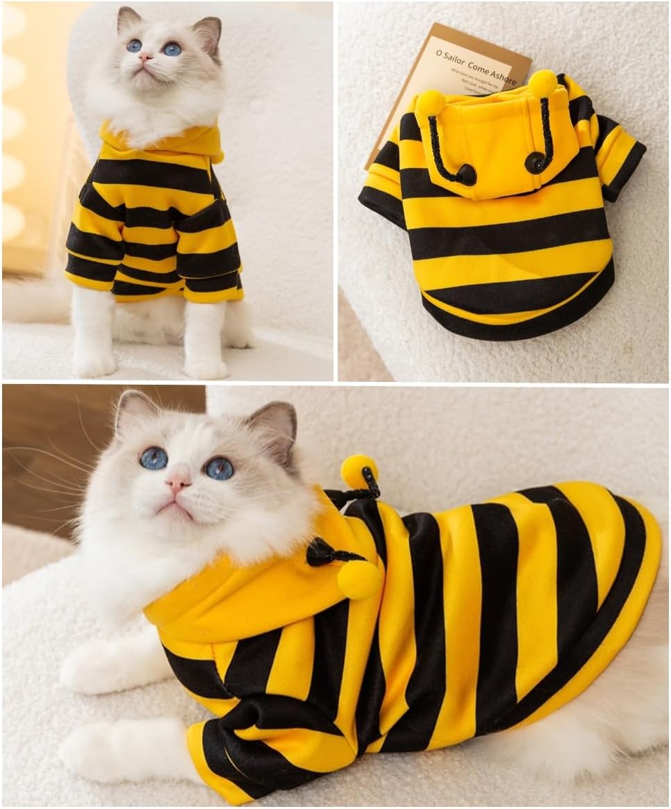Cat Bee Antennae Costume Hoodies Cute Bee Stripes Dog Kitten Puppy Pet Apparel (X-Small,Yellow&Black)