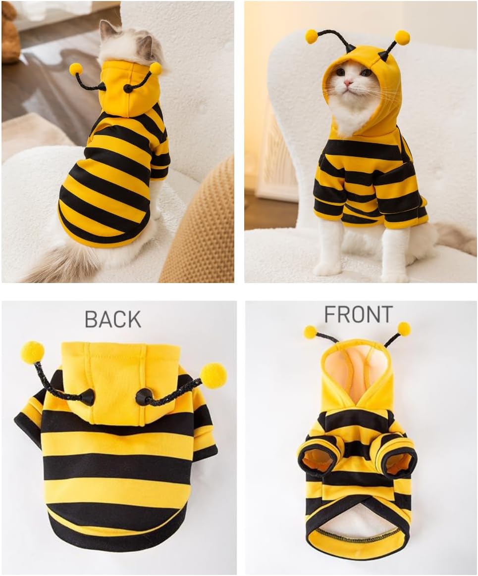 Cat Bee Antennae Costume Hoodies Cute Bee Stripes Dog Kitten Puppy Pet Apparel (X-Small,Yellow&Black)